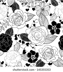 sketch black white flower seamless vector pattern background