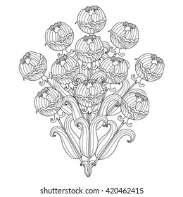 Sketch black and white flower.Vector decorative flowers.Template for coloring pages for adults. Coloring book. A bouquet of flowers with zentangle, doodle style.