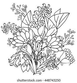 Sketch black and white flower.Vector decorative flowers.Template for coloring pages for adults. Coloring book. A bouquet of flowers with doodle style.