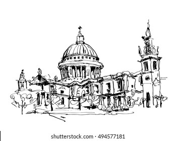 sketch black and white ink drawing of London top view - St. Paul Cathedral, vector illustration