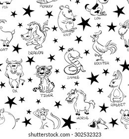 Sketch black and white seamless pattern of twelve funny Chinese Zodiac animals signs and stars.