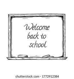 Sketch of a blackboard with the words Back to school.There are chalk marks on the Board.The sheet with notes is attached with a button. space for text.Vector illustration hand-drawn,isolated on white.