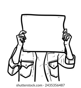Sketch Blank paper hold by hand jacket hoodie man demonstration white Background vector modern illustration