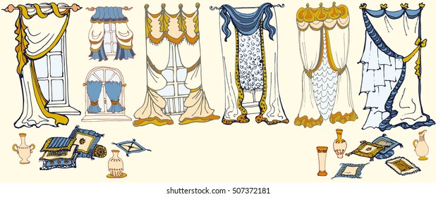 sketch blue and gold curtains kit, pillows and vases
curtains, fabric,  interior decor vector