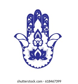 Sketch of a blue hamsa on a white background.