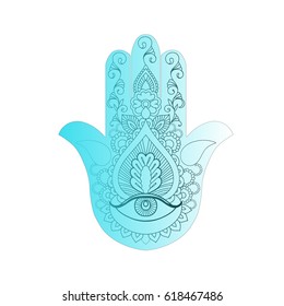 Sketch of a blue hamsa on a white background.