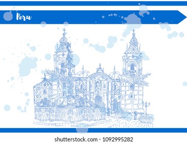 sketch blue illustration of feather fountain and palace vector stock