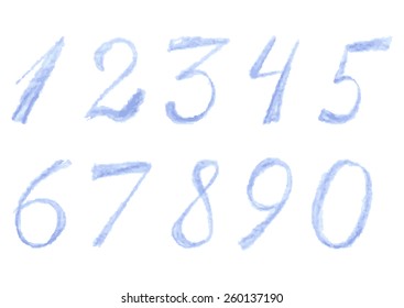 Sketch blue numbers drawn by colored pencils, vector illustration