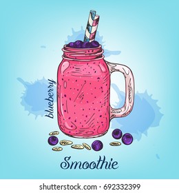 Sketch of blueberry smoothie in jar isolated on background. Vector illustration with line colourful beverage. Summer fruit coktail used for banner, poster, card, recipes or menu.