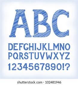 Sketch "blueprint" style alphabet with numbers and marks, based on my original hand-drawn font. EPS-8