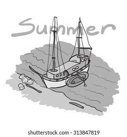 sketch of a boat and an inflatable boat moored on a sandy beach