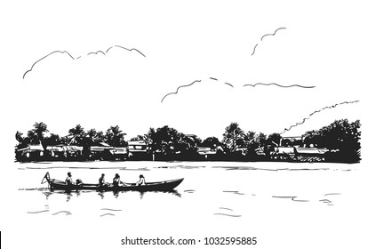 Sketch Of Boat In Kampot Riverside Cambodia, Hand Drawn Vector Illustration