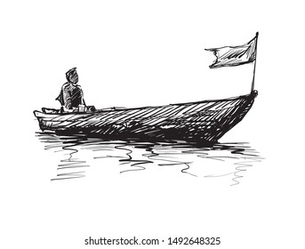 sketch the boat at river in Varanasi India hand draw