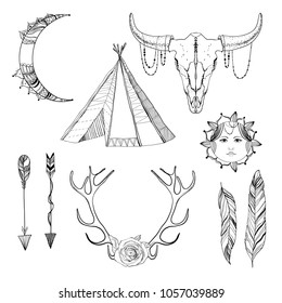Sketch boho elements set with ornate crescent bull head arrows teepee tent bohemian sun tattoo feathers flower and horns isolated vector illustration