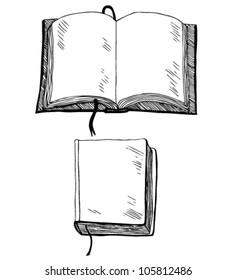 Sketch of book. Hand drown illustration with empty cover and leafs. Template for comic books, scrapbooks, sketchbooks, textbooks, notebooks. School elements.