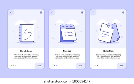 Sketch book notepad sticky note onboarding screen for mobile apps template banner page UI with three variations modern flat outline style