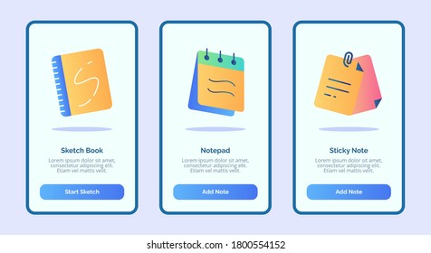 Sketch book notepad sticky note for mobile apps template banner page UI with three variations modern flat color style