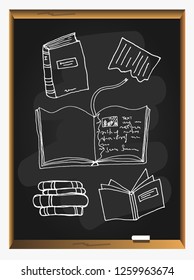 Sketch of book on blackboard background. Hand drawn vector illustration with empty cover and leafs. stack of books. School elements.