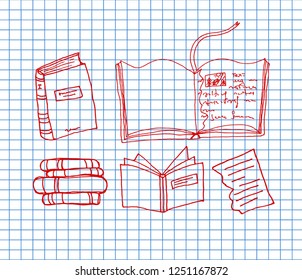Sketch of book on copybook background. Hand drawn vector illustration with empty cover and leafs. stack of books. School elements.