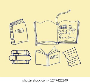 Sketch of book on creme background. Hand drawn vector illustration with empty cover and leafs. stack of books. School elements.