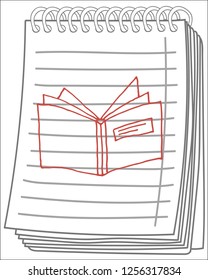 Sketch of book on notebook background. Hand drawn vector illustration with empty cover and leafs. stack of books. School elements.