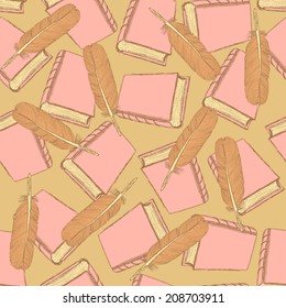 Sketch book and pen feather, seamless pattern 