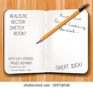 Sketch book with pencil on wooden desk. Layered vector graphic, with each object as separate layer, including 30  pages, each one as a different layer , ready for easy animation.