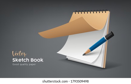 Sketch book with pencil, template design on gray background, Eps 10 vector illustration