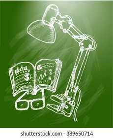 sketch, book, table lamp
