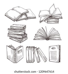 Sketch Books. Ink Drawing Vintage Open Book And Books Pile. School Education And Library Doodle Vector Symbols. Education Book Sketch, Pile Of Literature Drawing Illustration