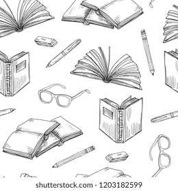 Sketch books seamless pattern. Ebooks reading and writing, school education and library doodle vector background with books pile. Education textbook, book sketch school pattern