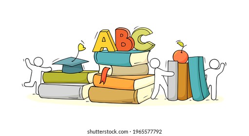 Sketch of books with studing people. Doodle cute miniature about literature and education. Hand drawn cartoon vector illustration for school design.