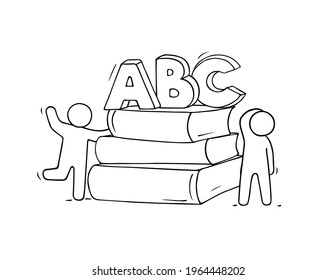 Sketch of books with studying people. cute miniature doodle about literature and education. Hand drawn cartoon vector illustration for school design.
