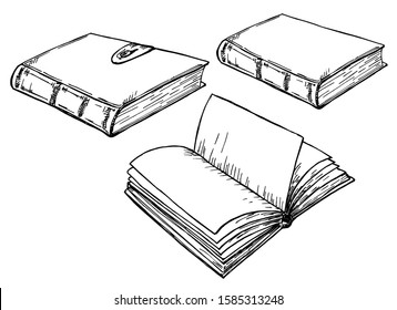 Sketch books. Vintage hand drawing pile of book. Library literature education symbols, Books shop sketch engraving notebooks vector isolated retro ink line set. 