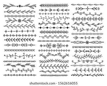 Bordes de esbozo. Diferentes de doodle de Navidad ornamental, armazón rústico con flores y follaje. Juego de vectores de subrayado de tarjeta de matrimonio