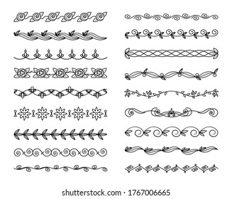 Sketch borders ornamental dividers. Hand drawn doodle. Ornament Design element for nails. Ink pen frame borders. Decorative swirl set