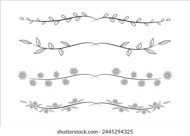 Esbozar bordes. Separadores de garabatos ornamentales, marco de línea rústica rugosa con flor, rama y follaje. Juego de Vectores de subrayado de tarjeta.