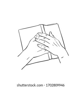 Sketch of both hands laying on open book, Hand drawn isolated vector line art illustration