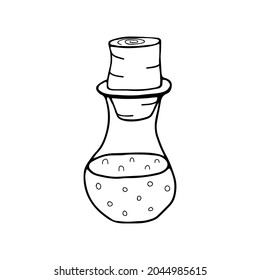 Sketch of a bottle with a cork and a liquid inside. Vector element for the design.