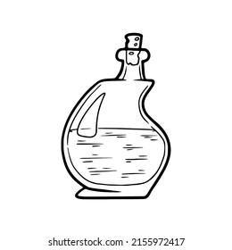 Sketch of a bottle of poison or elixir. Magic dishes. Vial for the witch's potion. Black and white freehand drawing in doodle style.