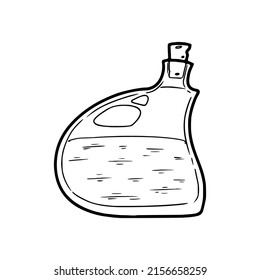 Sketch of a bottle of poison or elixir. Magic dishes. Vial for the witch's potion. Black and white freehand drawing in doodle style.