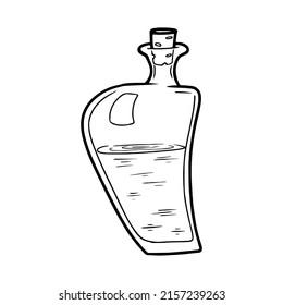 Sketch of a bottle of poison or elixir. Magic dishes. Vial for the witch's potion. Black and white freehand drawing in doodle style.
