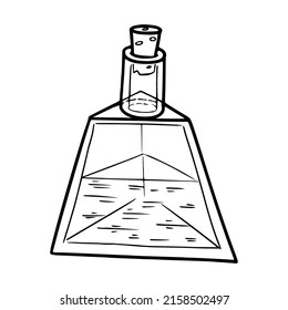 Sketch of a bottle of poison or elixir. Magic dishes. Vial for the witch's potion. Black and white freehand drawing in doodle style.