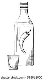 Sketch bottle of vodka. Sketch of glass with vodka. Vector illustration.