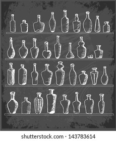Sketch bottles collection on blackboard. Vector illustration.