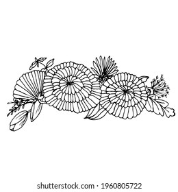 Sketch of a bouquet  of  dandelions and tulips on an isolated background.Hand drawn