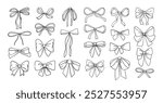 Sketch bow. Doodle gift ribbon. Hand drawn bow knots for greeting cards and holiday invitation, banner, poster. Decorative variety styles and shapes bows. Vector set.