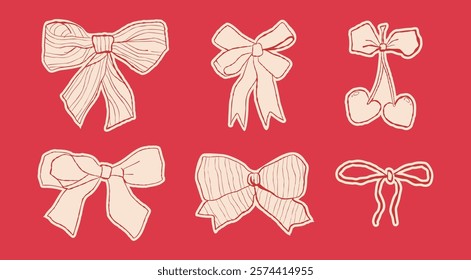 Sketch bow. Doodle gift ribbon. Hand drawn bow knots for greeting cards and holiday invitation, banner, poster. Decorative variety styles and shapes bows.