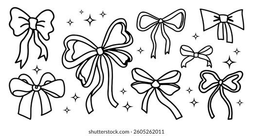 Sketch Bow Illustrations – Decorative Hand Drawn Ribbon Knots in a Range of Styles and Shapes for Holiday Cards, Gift Packaging, Vintage Invitations, and Banners
