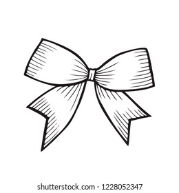Sketch Bow With Ribbon Isolated. Hand Drawn Vintage Decorative Element For Gifts And Presents Vector Illustration. Engraving Holiday Festive Decoration.
